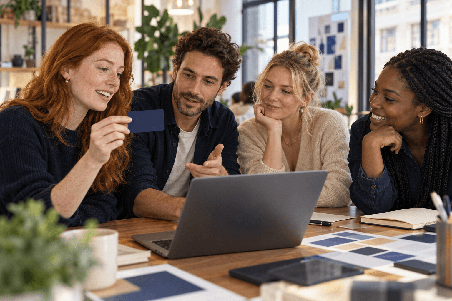 Illustrative scene of four adults collaborating on a laptop while a woman holds a blank navy card mockup
